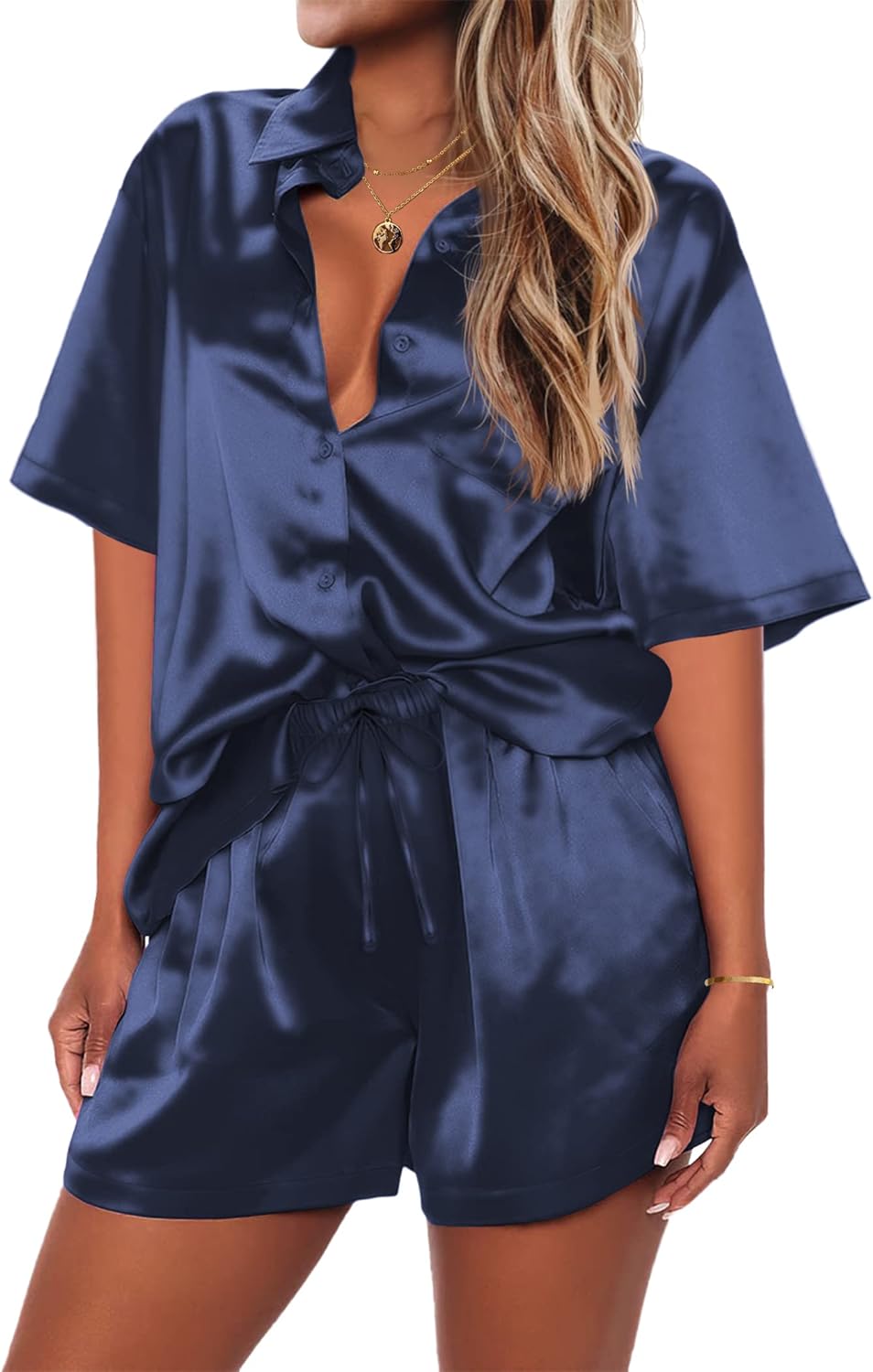 thumbnail image 2 of Ekouaer Women's Satin Pajamas Set - Button Down Short Sleeve & Shorts With Ruffle Details 2 of 14