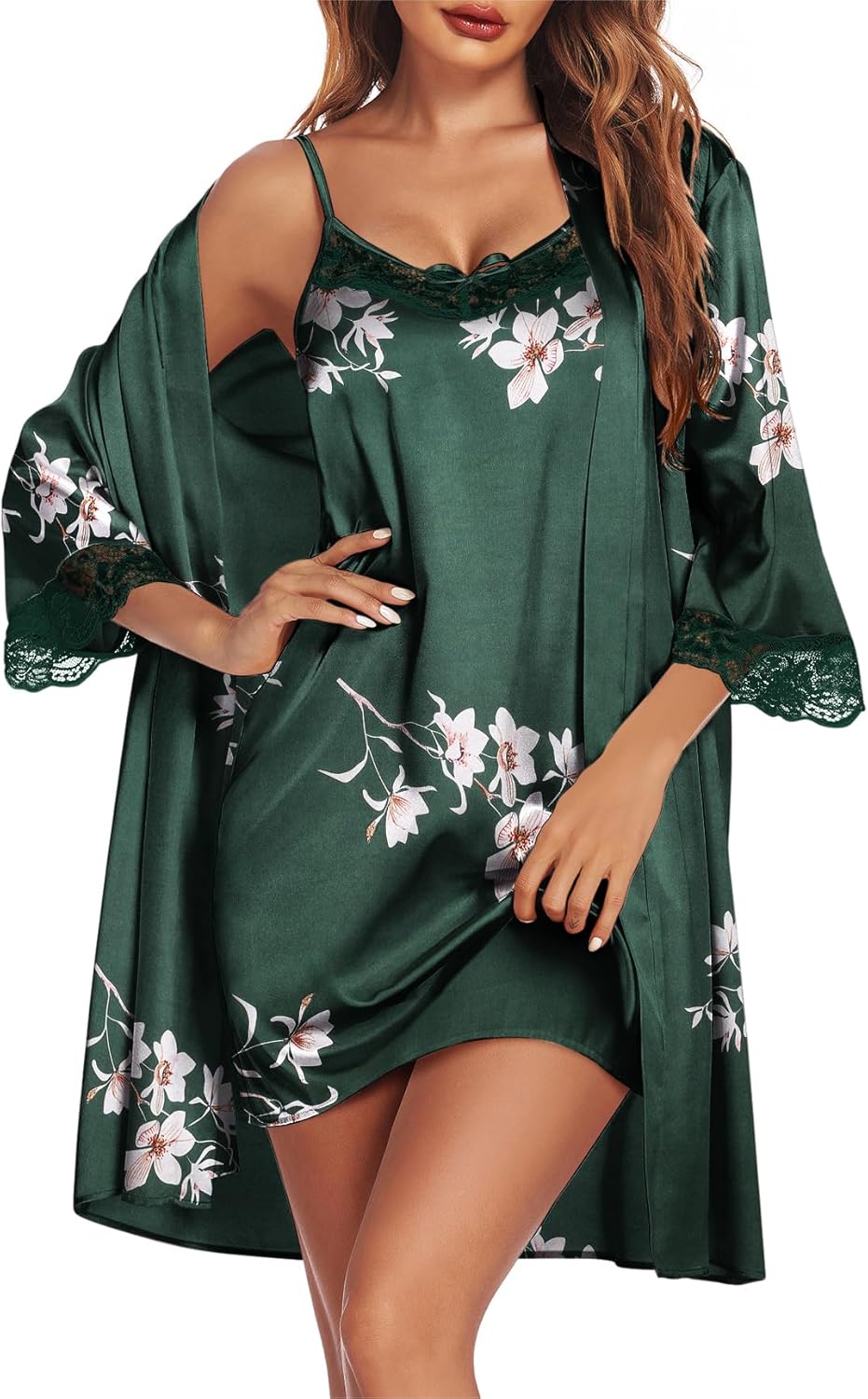 Ekouaer Sleepwear Women's Satin Nightgown with Robes Set Piece