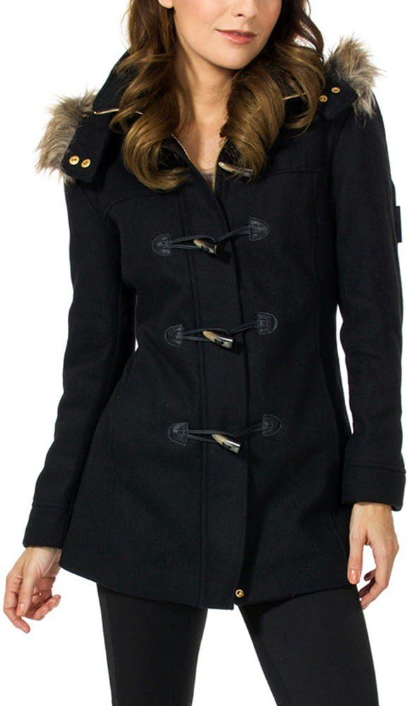 Alpine Swiss Duffy Womens Wool Coat Fur Trim Hooded Parka Jacket
