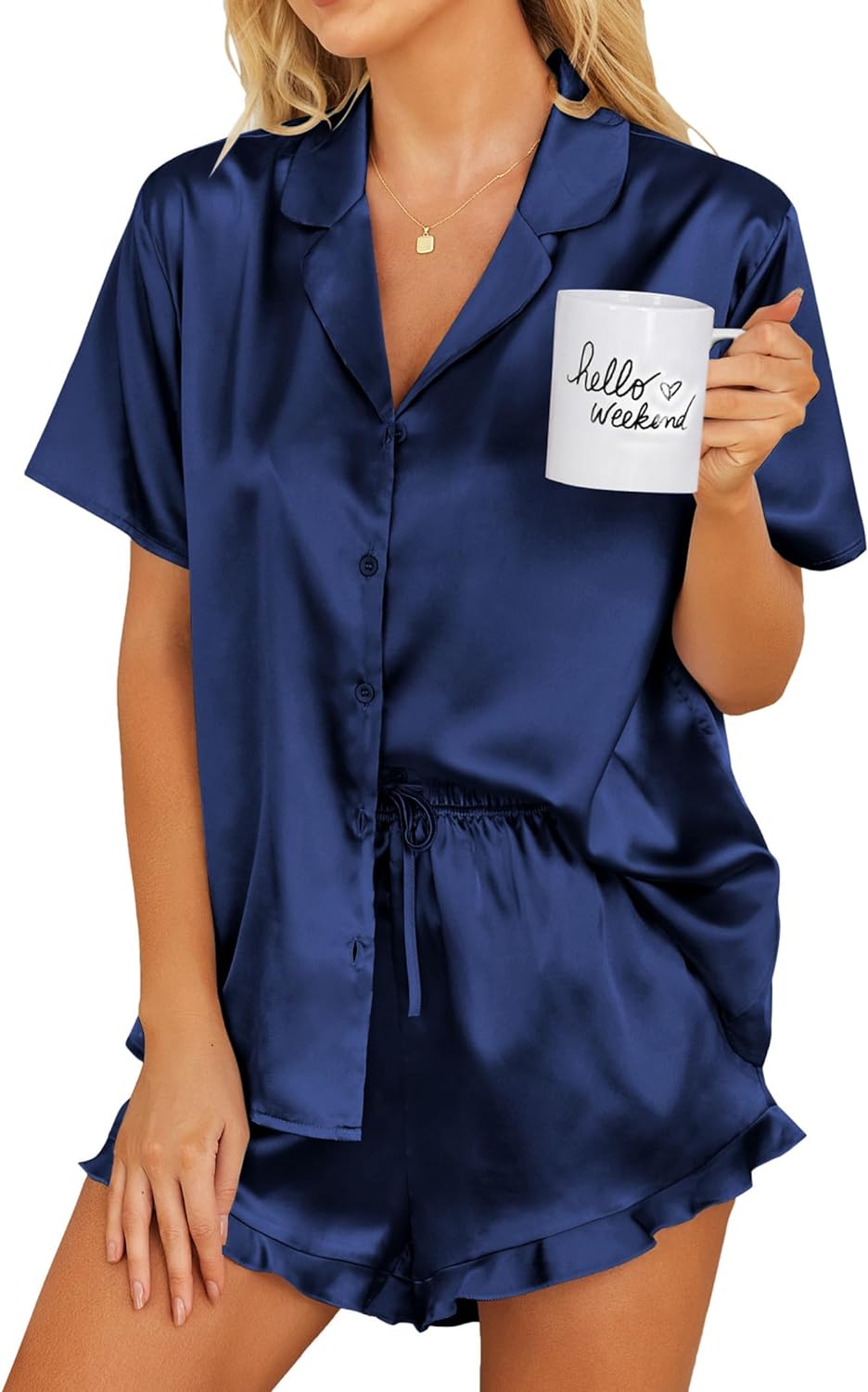 Ekouaer Women's Pajamas Set Short Sleeve Sleepwear 2 Piece Round Neck