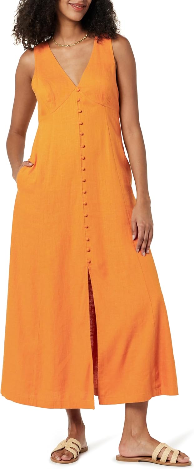 The Drop Women's Blanca Linen Button-Front V-Neck Maxi Dress - Sithimy.com