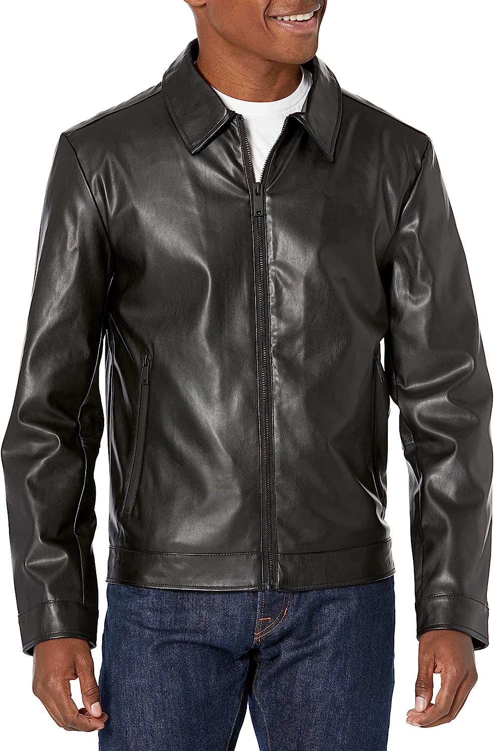 DKNY Men's Faux Leather Classic Laydown Collar Bomber Jacket Shopping