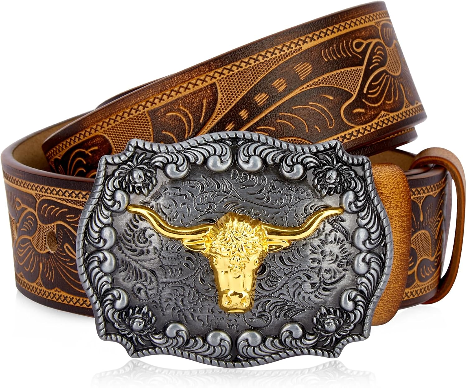 BISON DENIM Men's Western Double Embossed Leather Belts with