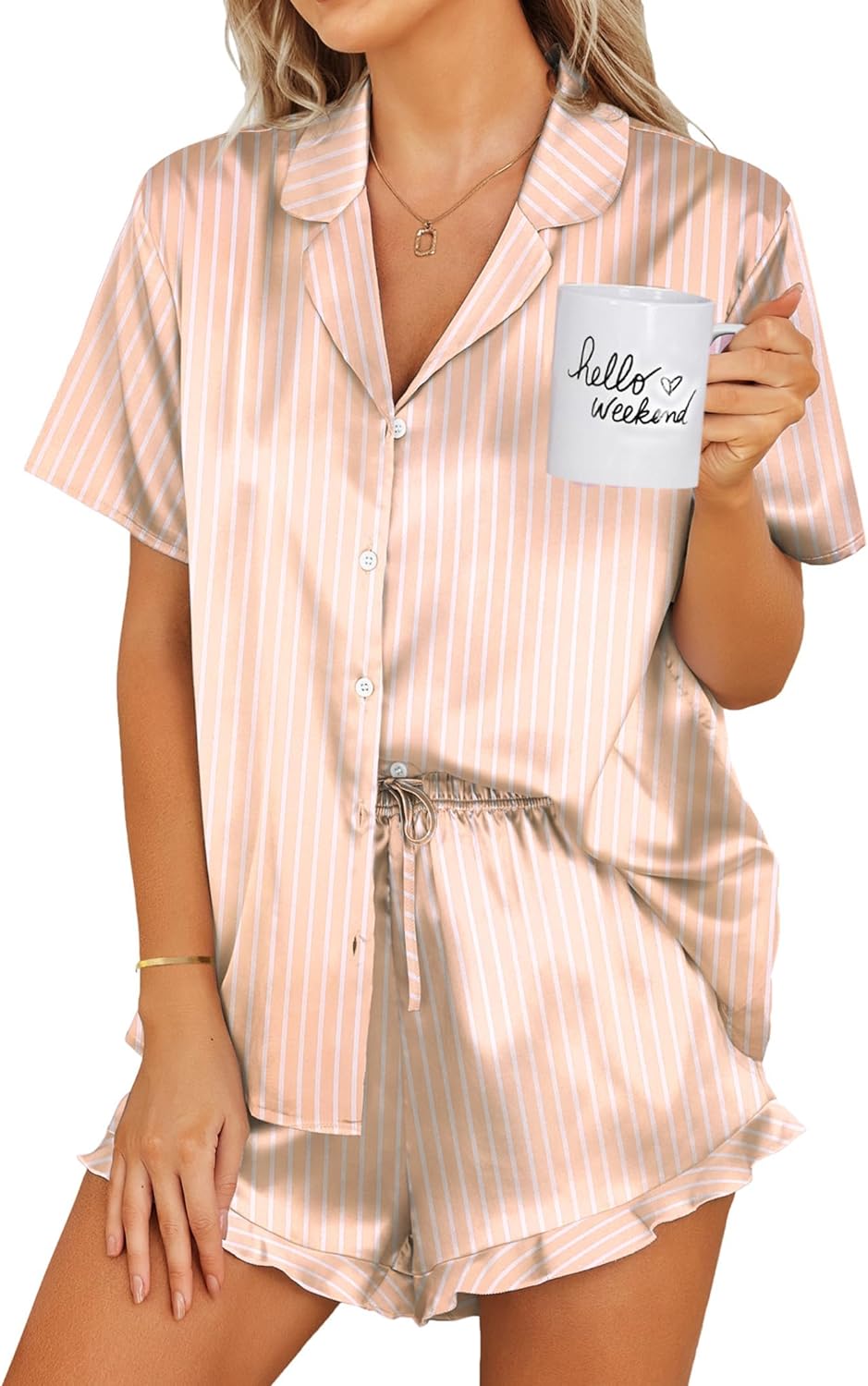 Women's Silk Satin Pajamas Set - Long Sleeve Striped Button-Down PJS With Pants, Luxury Loungewear & Sleepwear