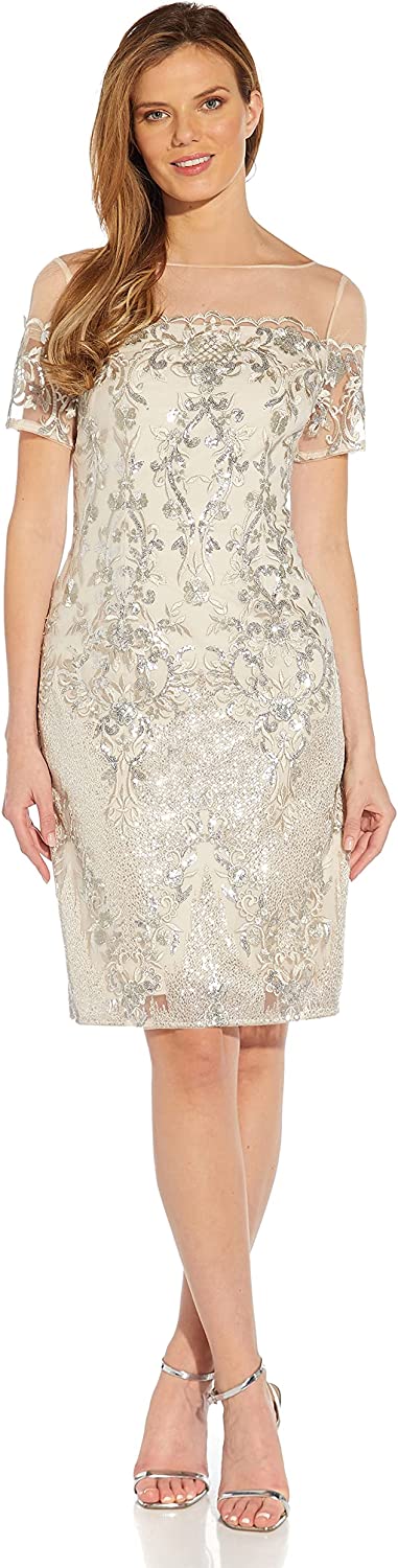 knee length dresses for ladies Midnight Multi Nude Sleeveless Sequin Floral Lace Gown