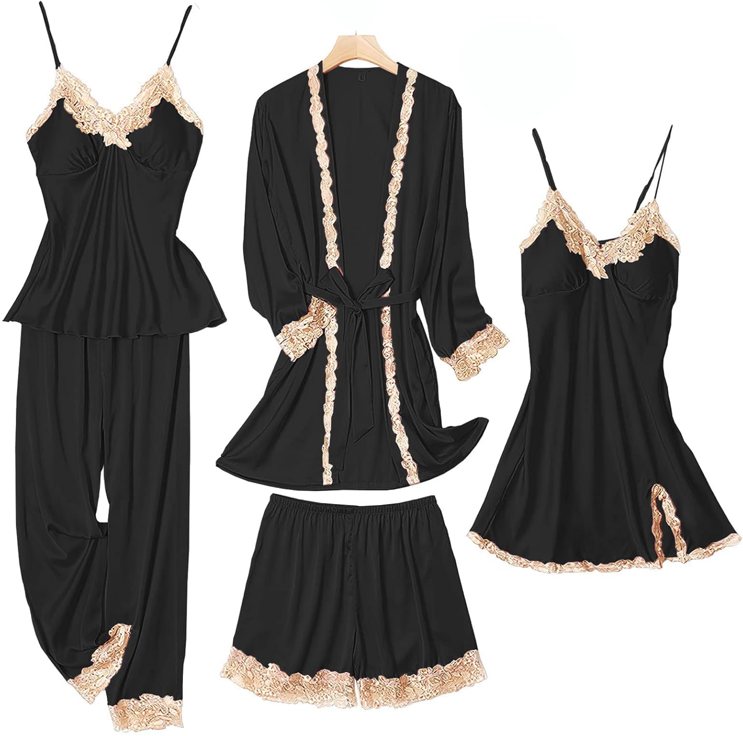WDIRARA Women's Silk Satin Pajama Set - 4 Piece Sleepwear With Cami, Shirt & Shorts - View #9