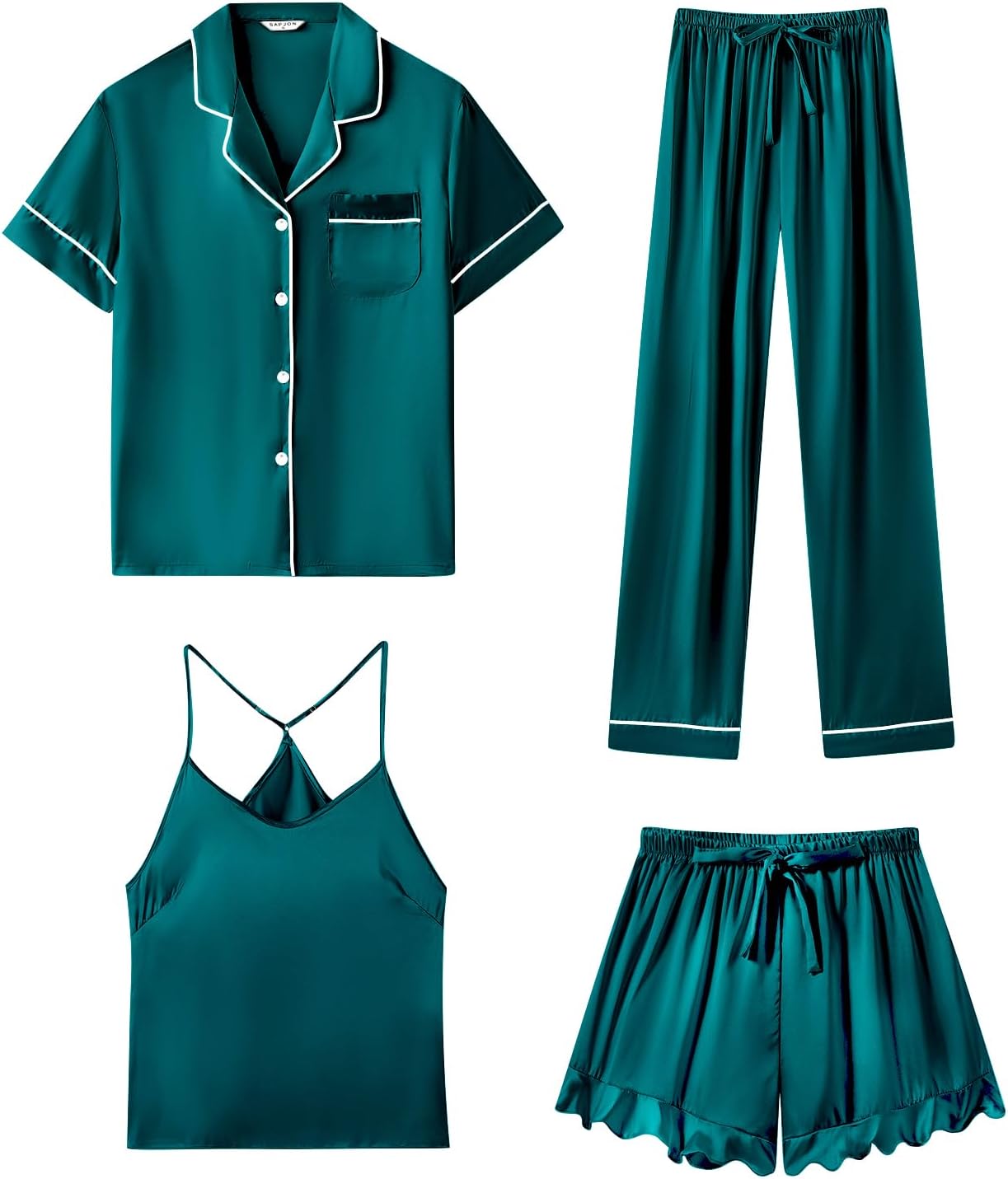 SAPJON Women's 4-Piece Satin Silk Pyjama Set - Ruffle Collar Button Down Sleepwear With Cami, Shorts, Pants - View #7