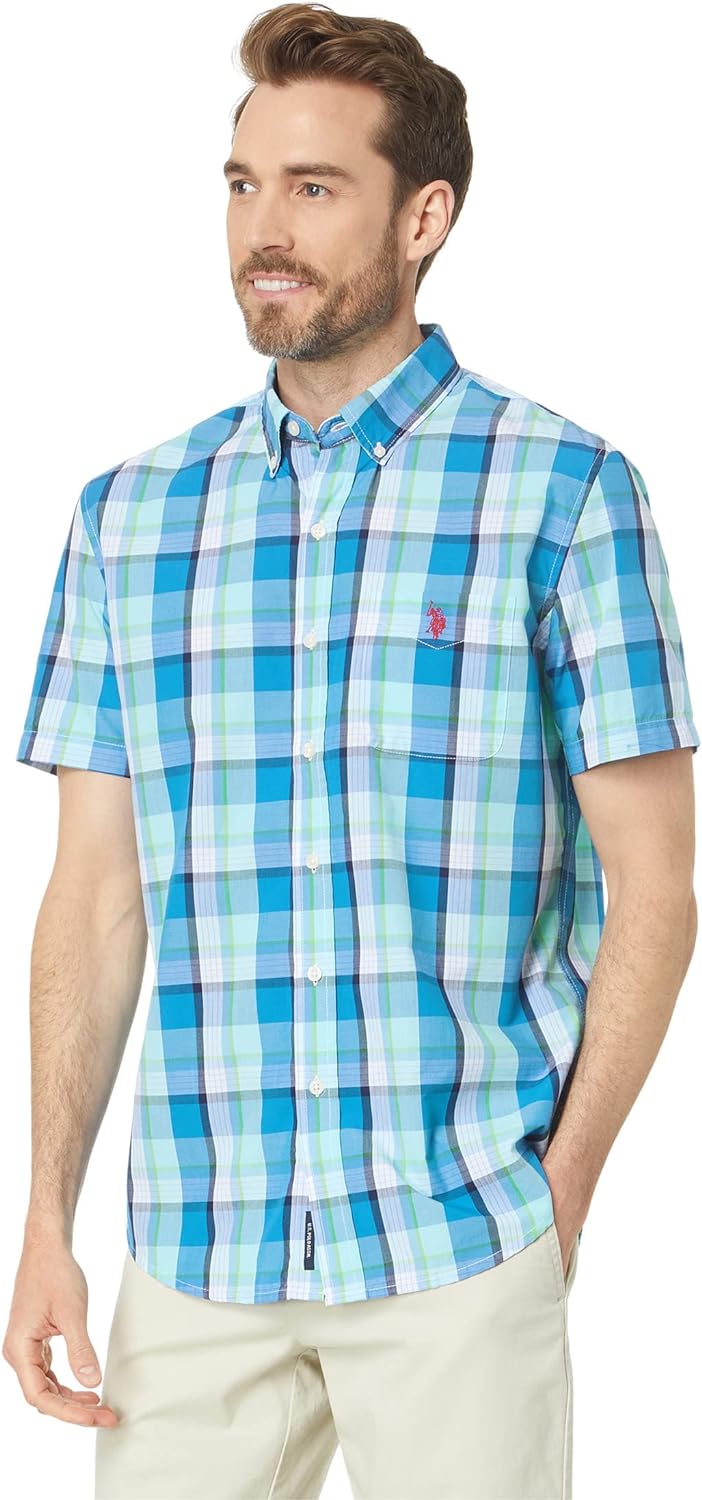 Polo Short Sleeve Yarn-Dye Poplin Plaid Woven Shirt