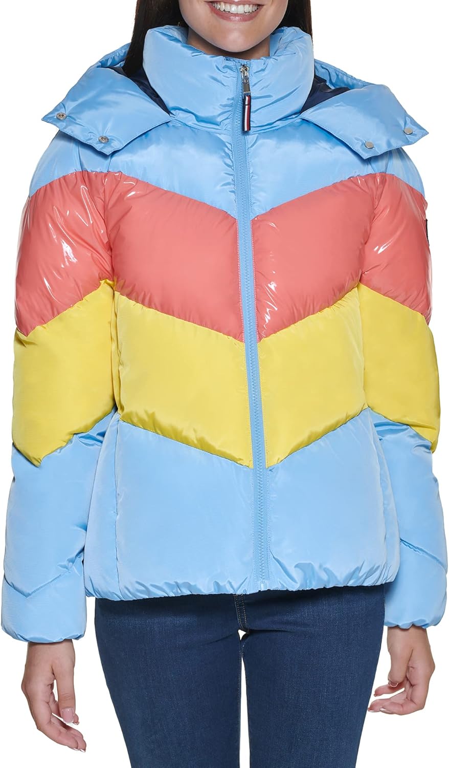 Multi colored puffer jacket best sale