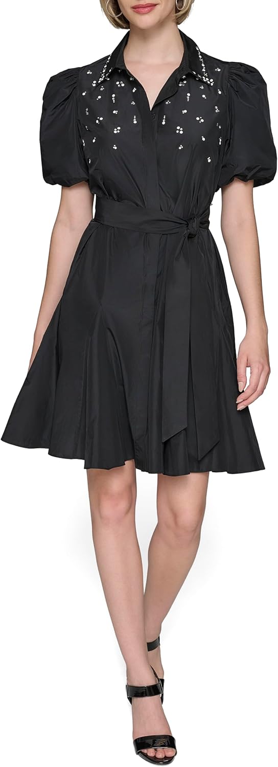 KARL LAGERFELD Women's Embellished Puff Sleeve Taffeta a Line Dress - Sithimy.com KARL LAGERFELD Women's Embellished Puff Sleeve Taffeta a Line Dress - Sithimy.com