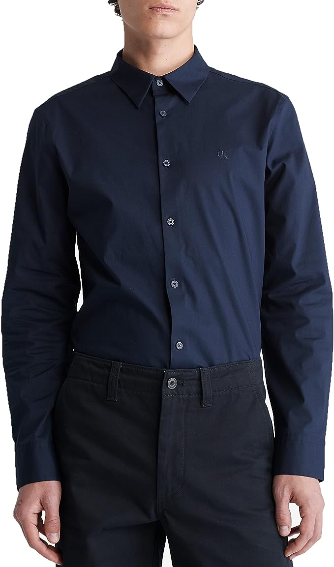 Calvin Klein Men's Stretch Cotton Monogram Logo Button Down Shirt