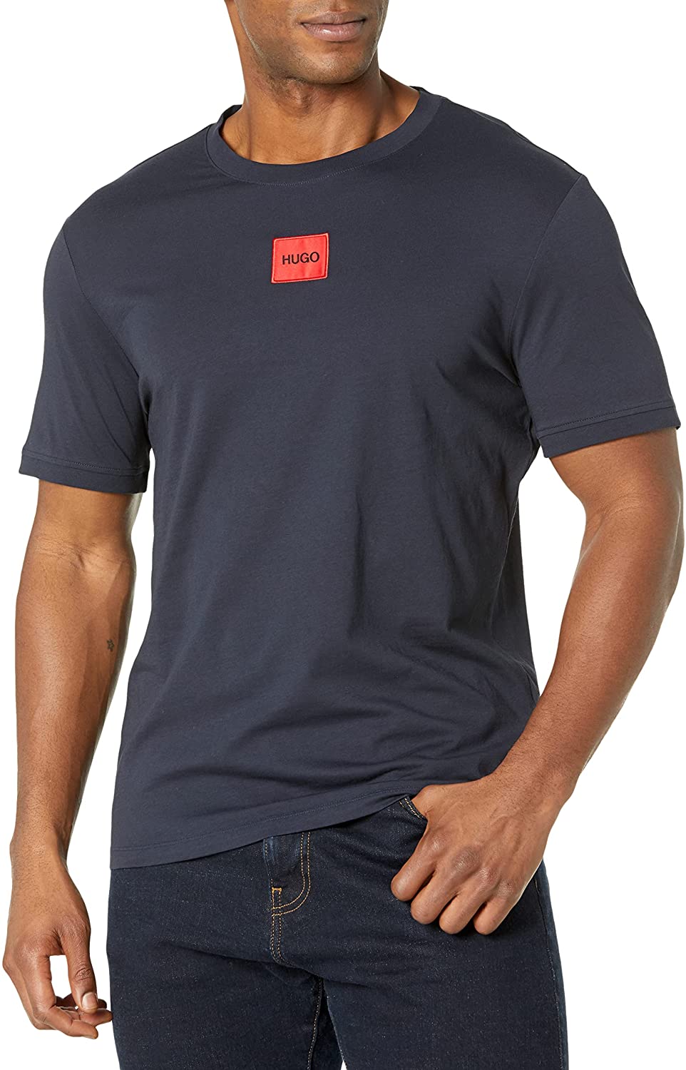 HUGO Men's Ribbed Crew Neck Regular Fit Center Logo T-Shirt